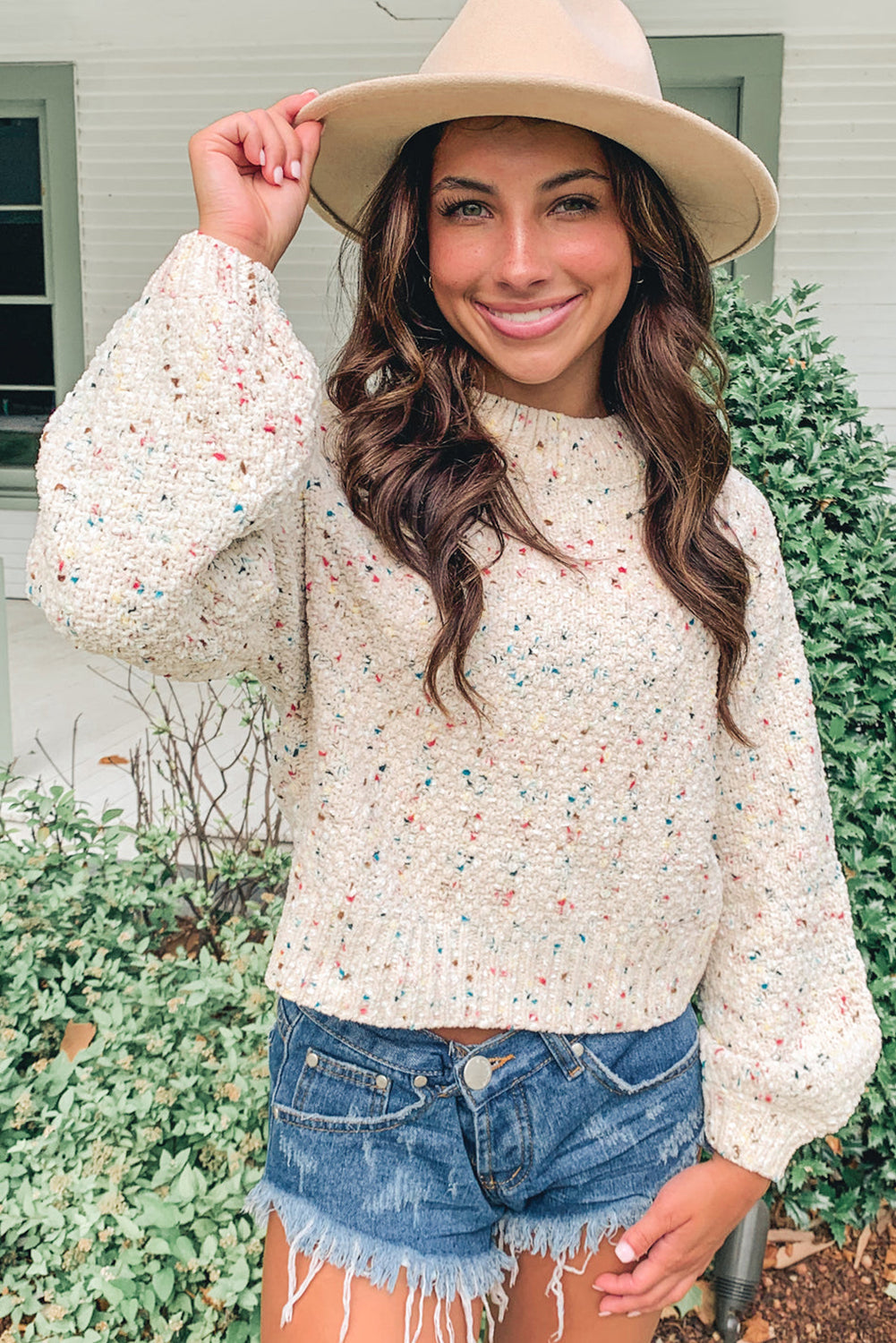 Apricot Confetti Print Long Puff Sleeve Sweater