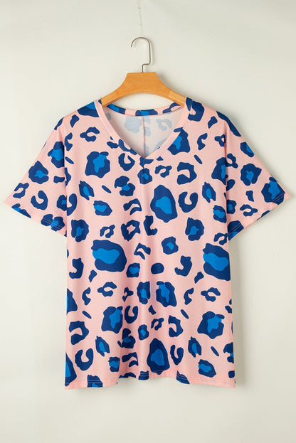 Pink Leopard Print Oversized V Neck Plus Size Tee
