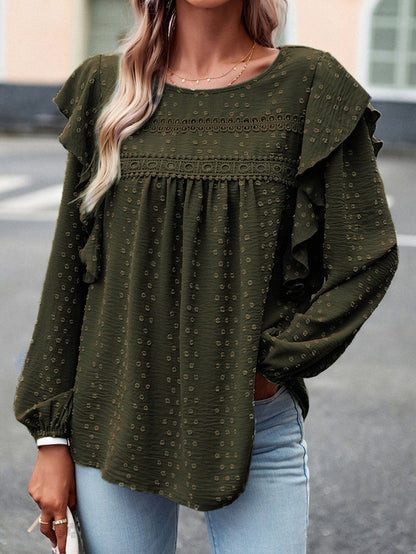 Elegant Green Lace Eyelet Shoulder Ruffle Long Sleeve Top