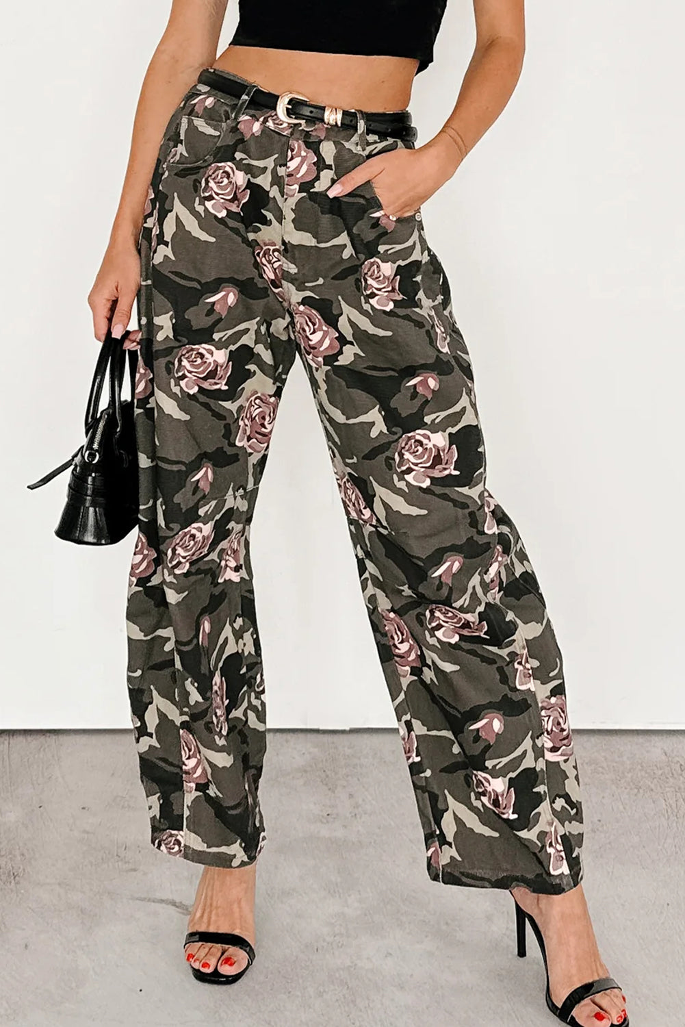 Green Camouglage Floral Print Boyfriend Casual Pants