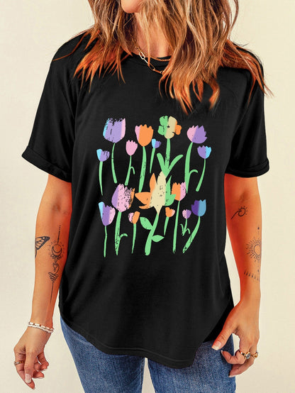 Floral Charm Black Crewneck Graphic Tee