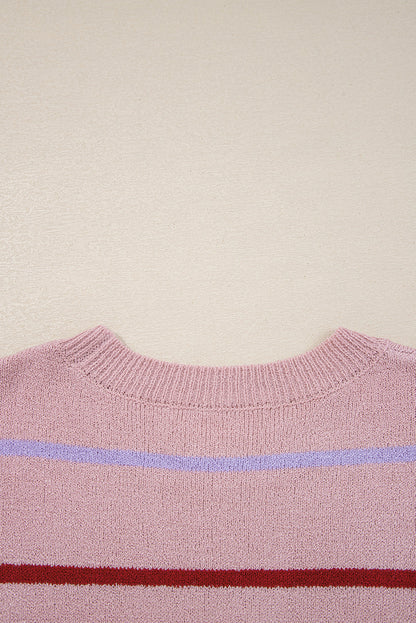 Pink Stripe Ribbed Edge Drop Shoulder Sweater