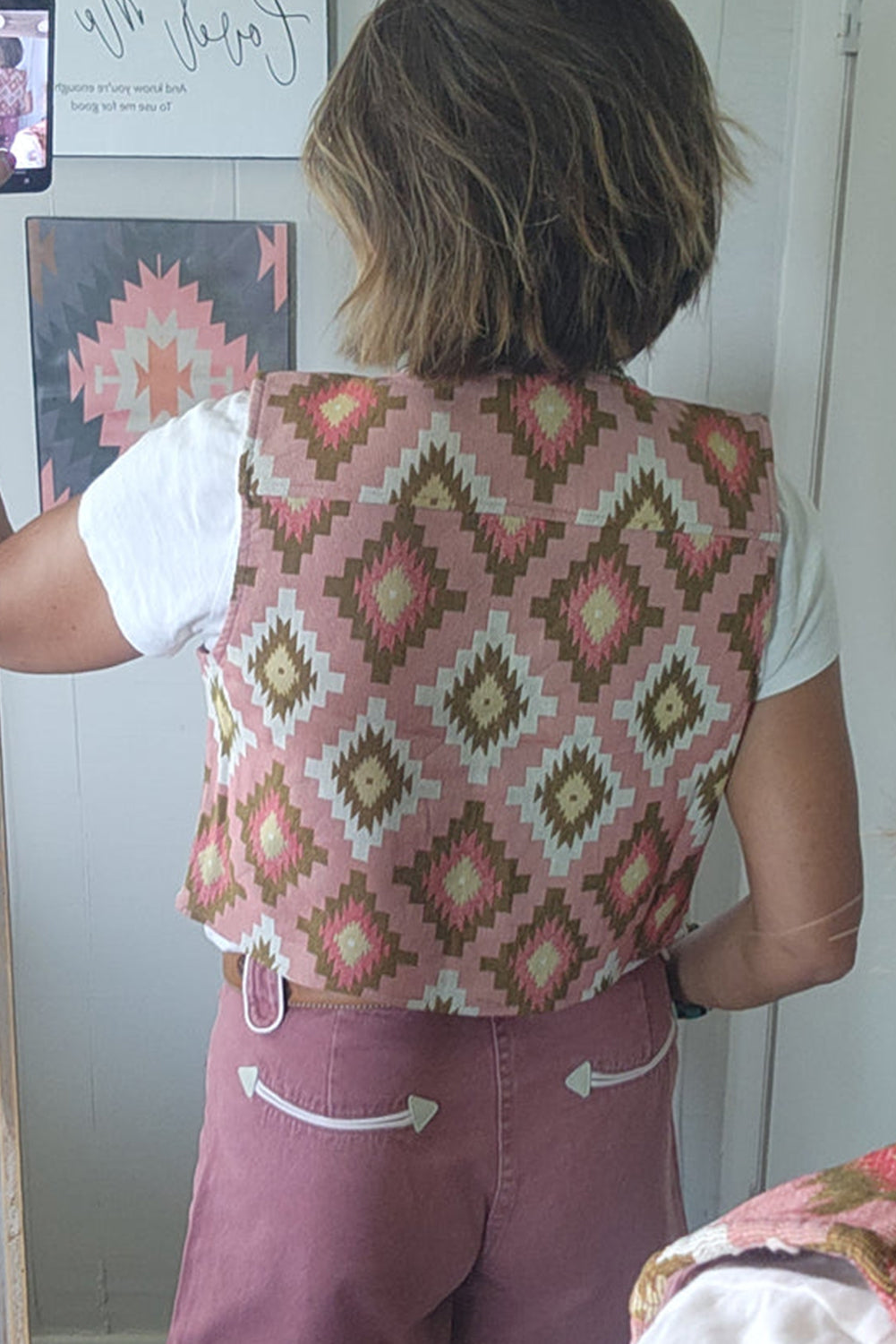 Pink Western Aztec Print Cropped Vest