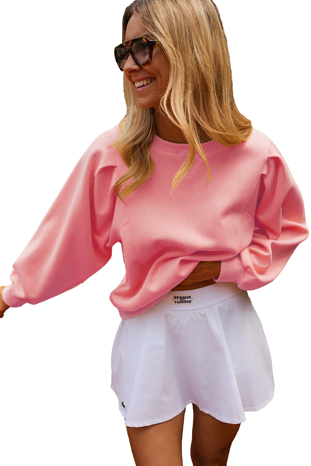 Peach Blossom Pleated Balloon Sleeve Pullover Solid Sweatshirt