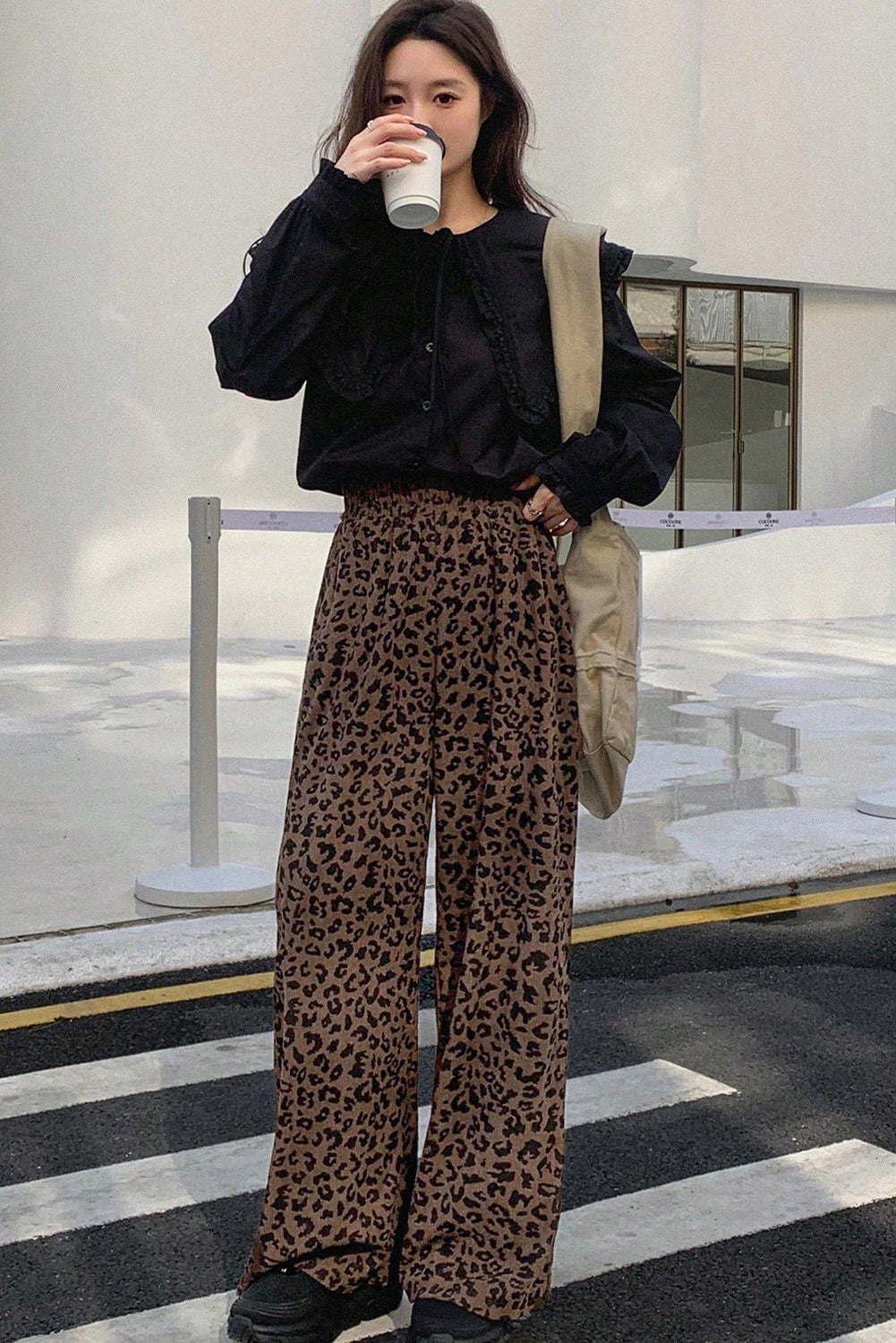 Dark Brown Leopard Print Elastic High Waist Loose Corduroy Pants