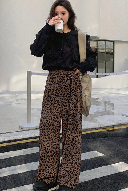 Dark Brown Leopard Print Elastic High Waist Loose Corduroy Pants