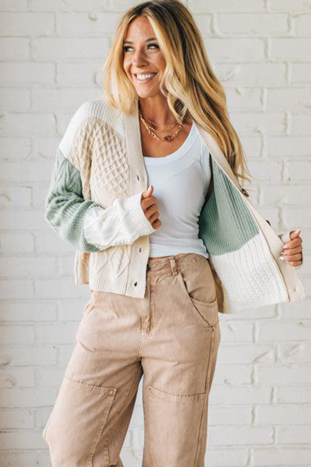 Parchment Mix Texture Knitted Color Block Button Down V Neck Sweater Cardigan