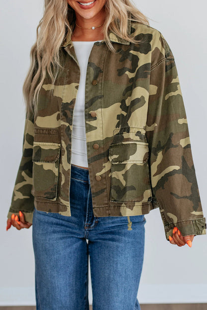 Green Retro Camouflage Print Flap Pocket Button Down Denim Jacket