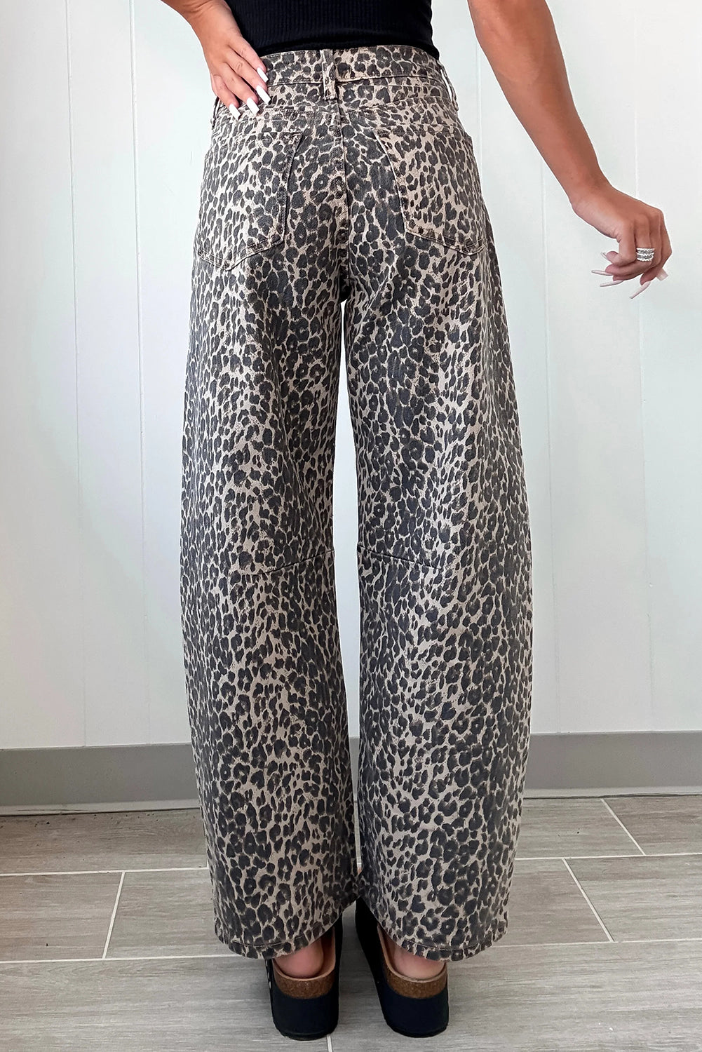 Black Leopard Print High Waist Barrel Jeans