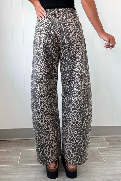 Black Leopard Print High Waist Barrel Jeans