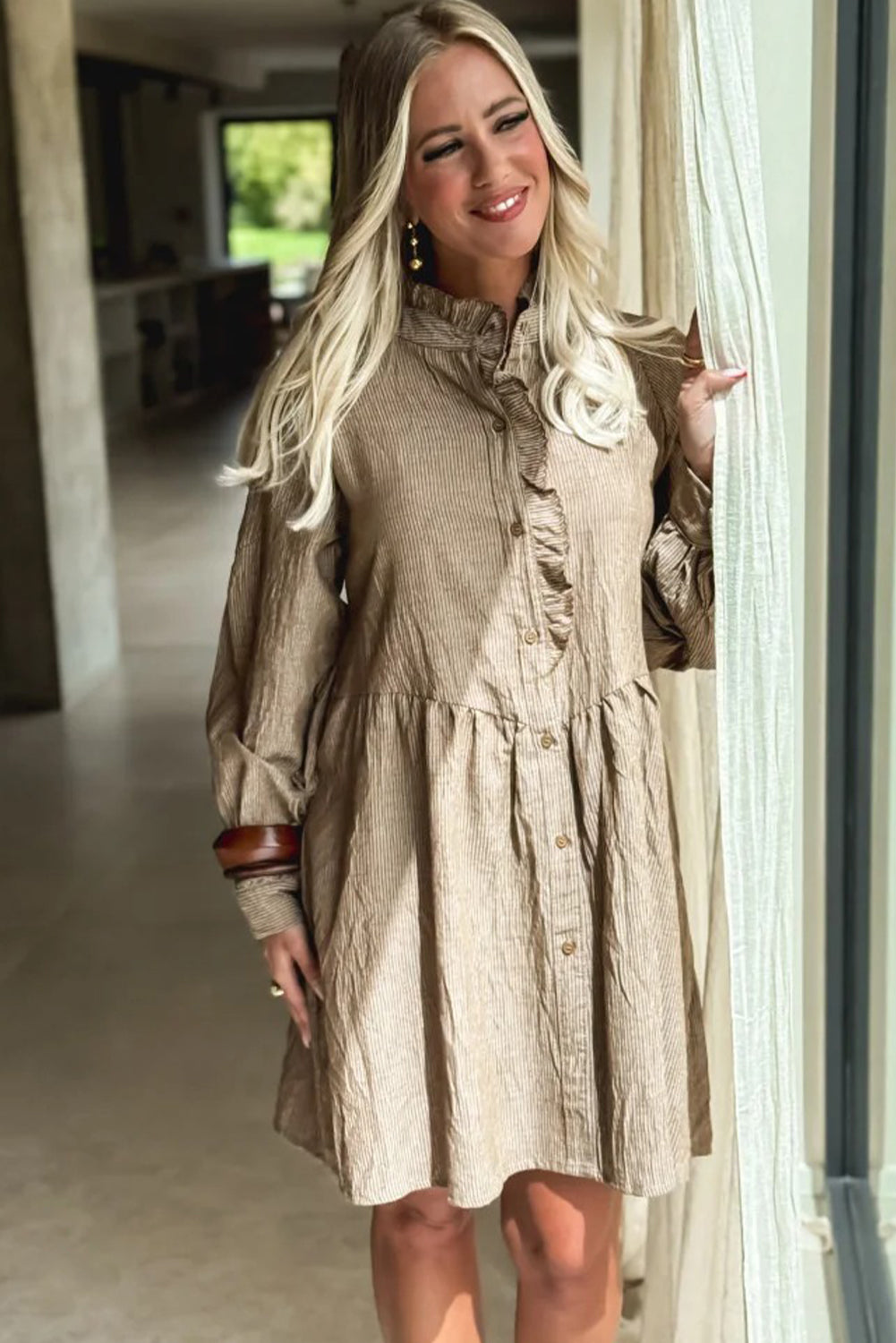 Khaki Stripe Frilled Trim Button Front Long Sleeve Mini Shirt Dress