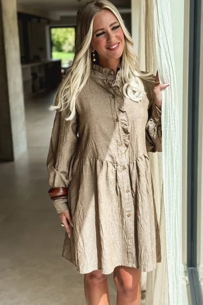 Khaki Stripe Frilled Trim Button Front Long Sleeve Mini Shirt Dress