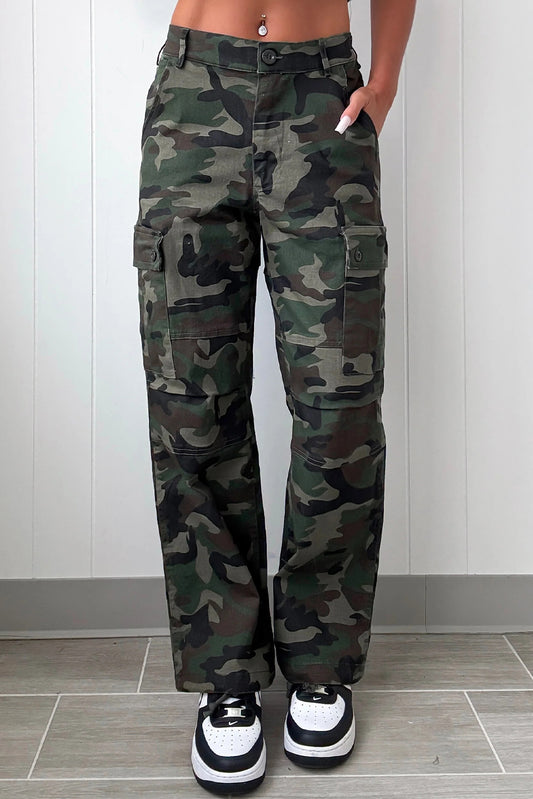 Green Camouflage Print Button Flap Pocket Patched Loose Pants