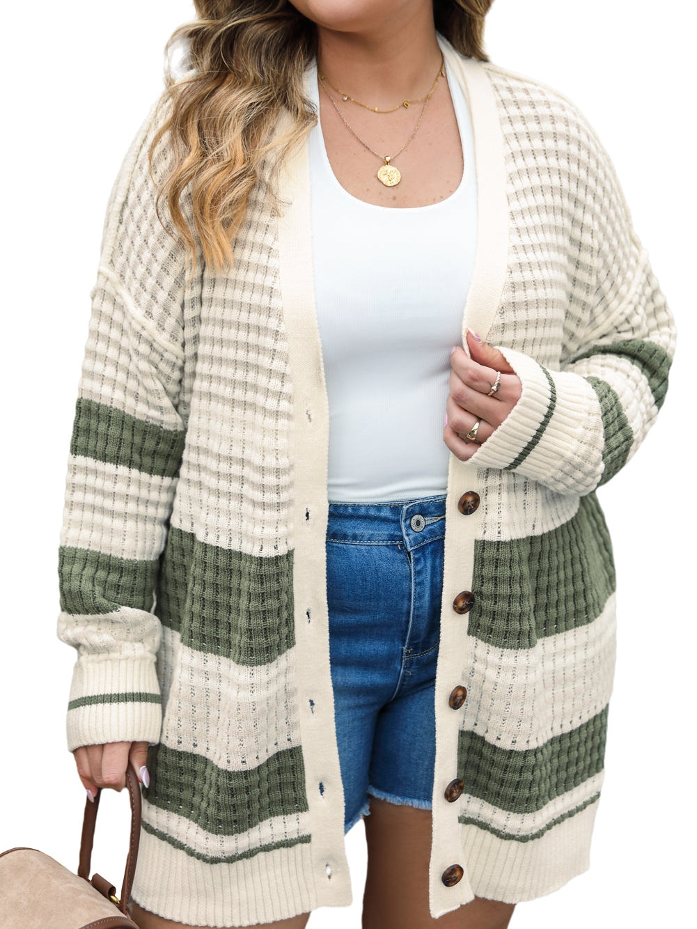 White Plus Size Color Block Cable Knit Buttoned Cardigan