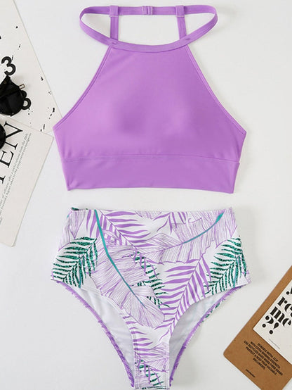 Lavender Halter Neck Floral Print High Waist Bikini Set