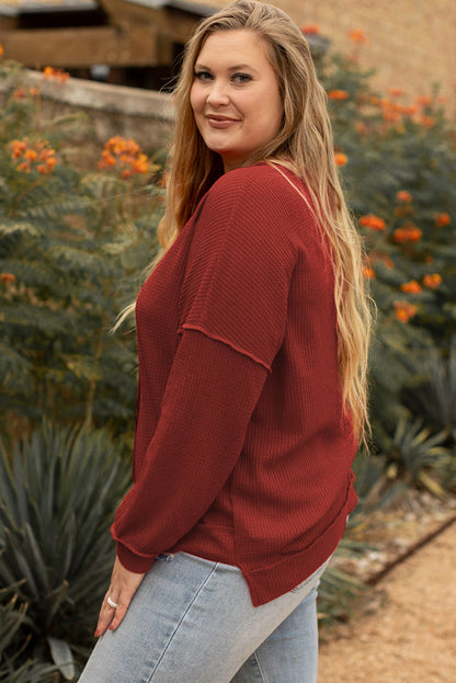 Flame Gold Plus Size Waffle Knit Top with Exposed Seam Detail