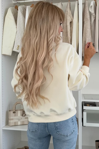 Beige Flower Crochet Drop Shoulder Pullover Sweatshirt