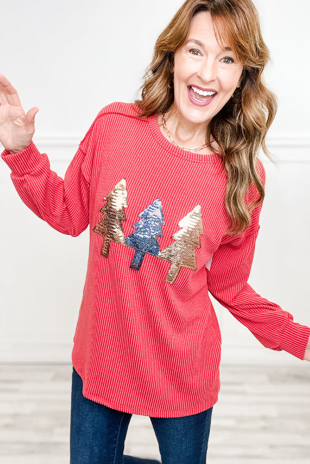 Coral Sequin Christmas Tree Patched Twisted Ribbed Drop Shoulder Long Sleeve Top