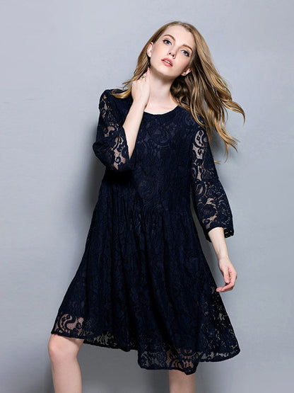 Plus Midi Dresses - Size Curve Dresses Temperament Lace Loose Midi Dress - MsDressly