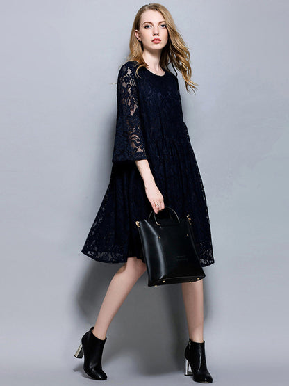 Plus Midi Dresses - Size Curve Dresses Temperament Lace Loose Midi Dress - MsDressly