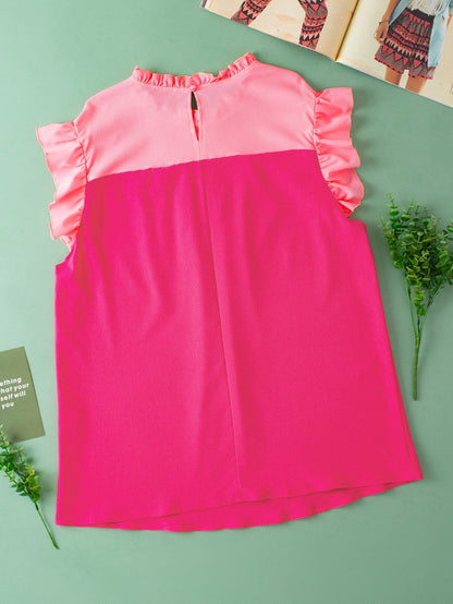 Strawberry Pink Textured 2-Tone Patchwork Frill Neck Ruffled Trim Plus Blouse