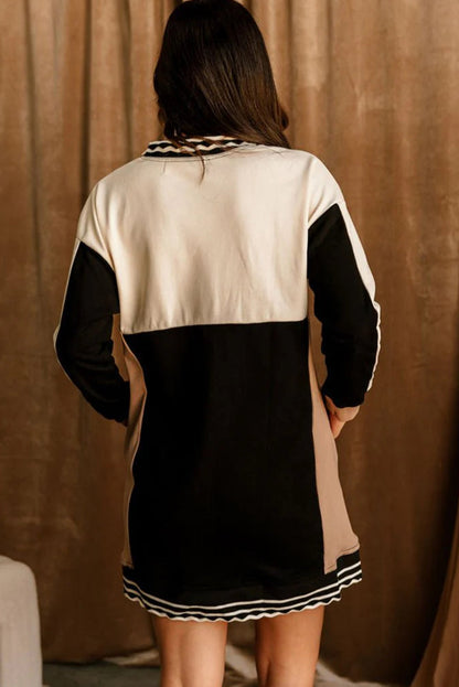 Black Color Block Quarter Zip Long Sleeve T Shirt Mini Dress