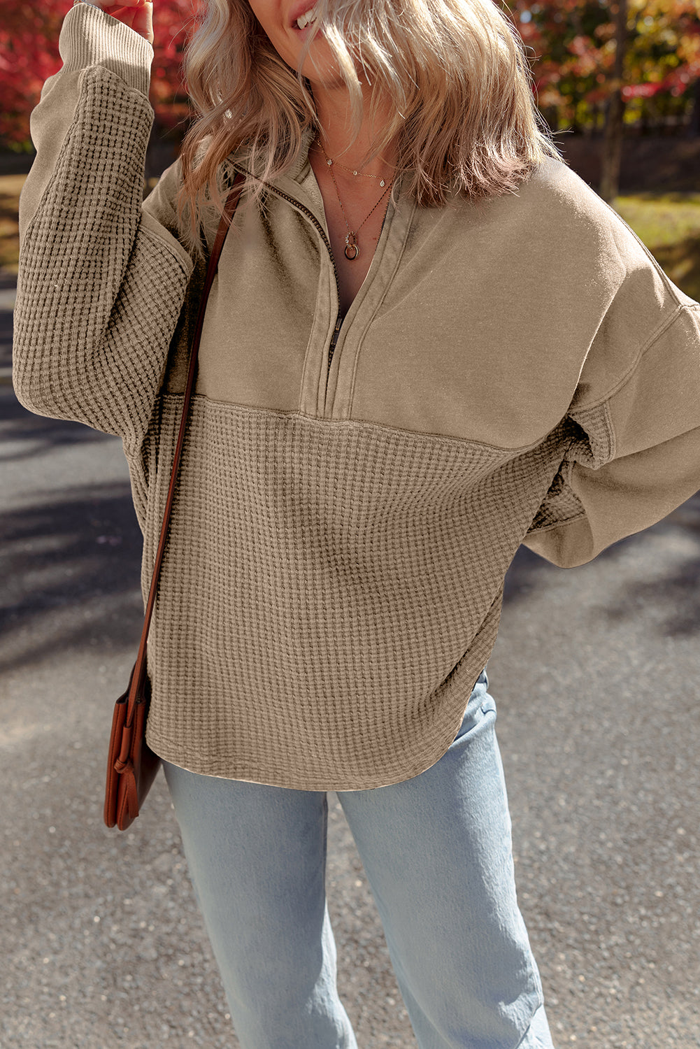 Parchment Waffle Knit Patchwork Half Zipped Casual Sweatshirt