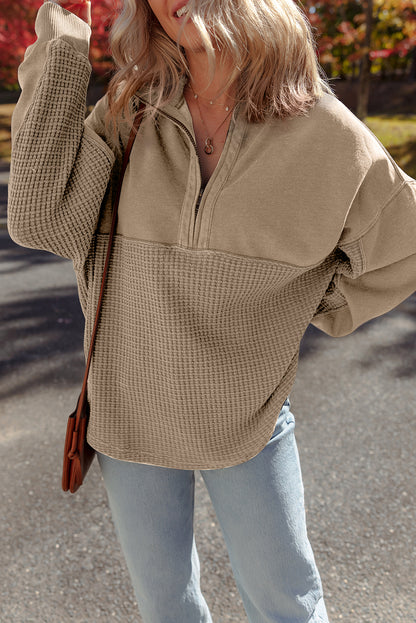 Parchment Waffle Knit Patchwork Half Zipped Casual Sweatshirt