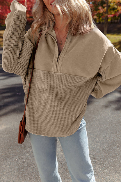 Parchment Waffle Knit Patchwork Half Zipped Casual Sweatshirt