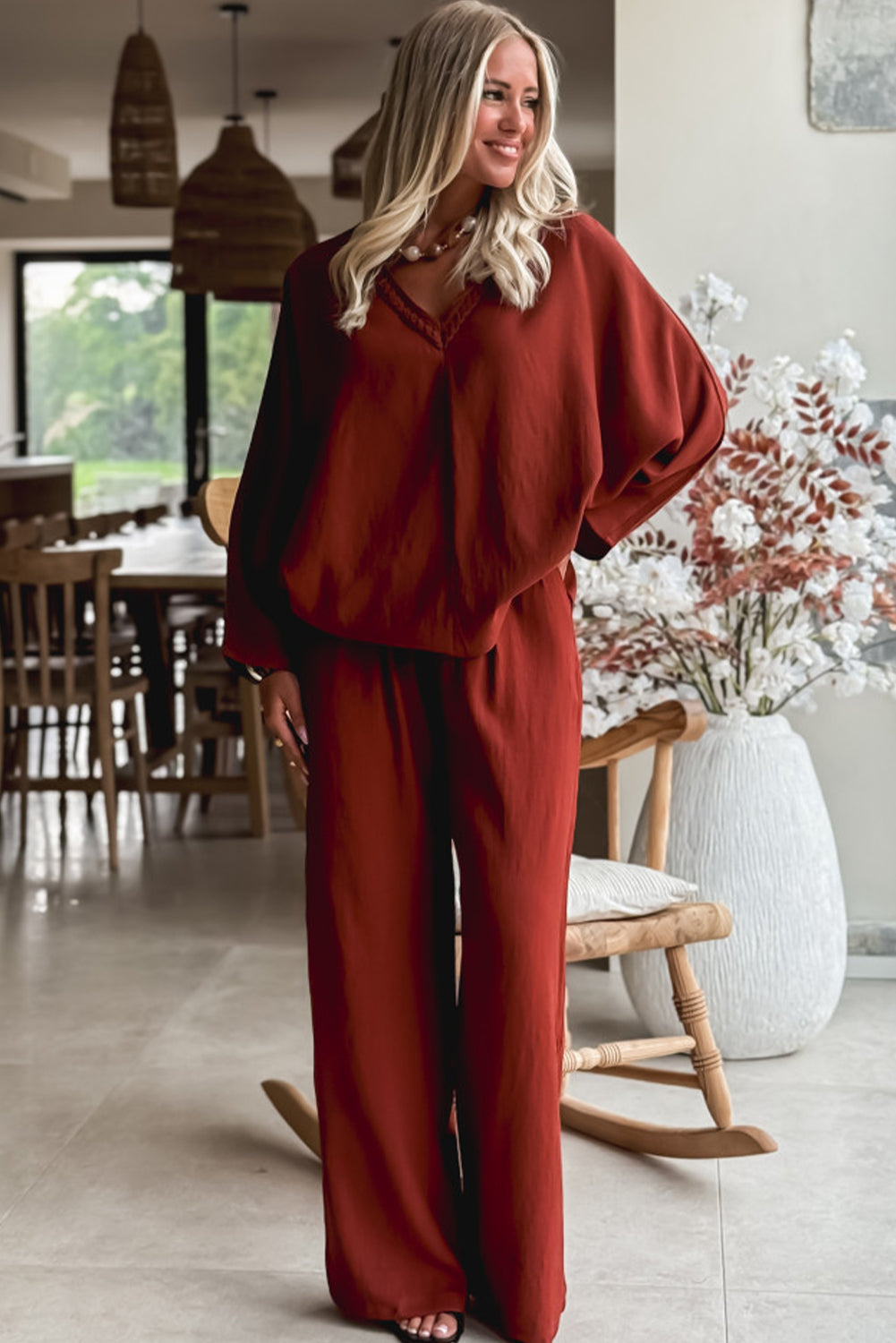 Clay Braided V Neck Long Sleeve Loose Top and Drawstring High Waist Pants 2pcs Outfit