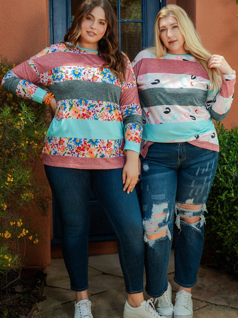 Stripe Colorblock Sky Blue Plus Size Pullover Top