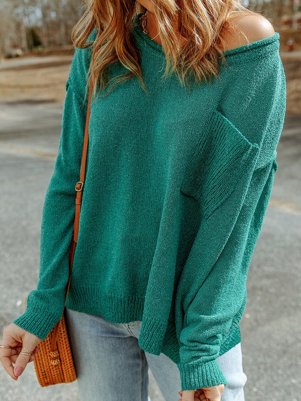 Green Rib Knit Off Shoulder Sweater with Chest Pocket