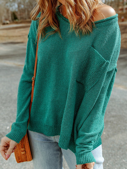 Green Rib Knit Off Shoulder Sweater with Chest Pocket