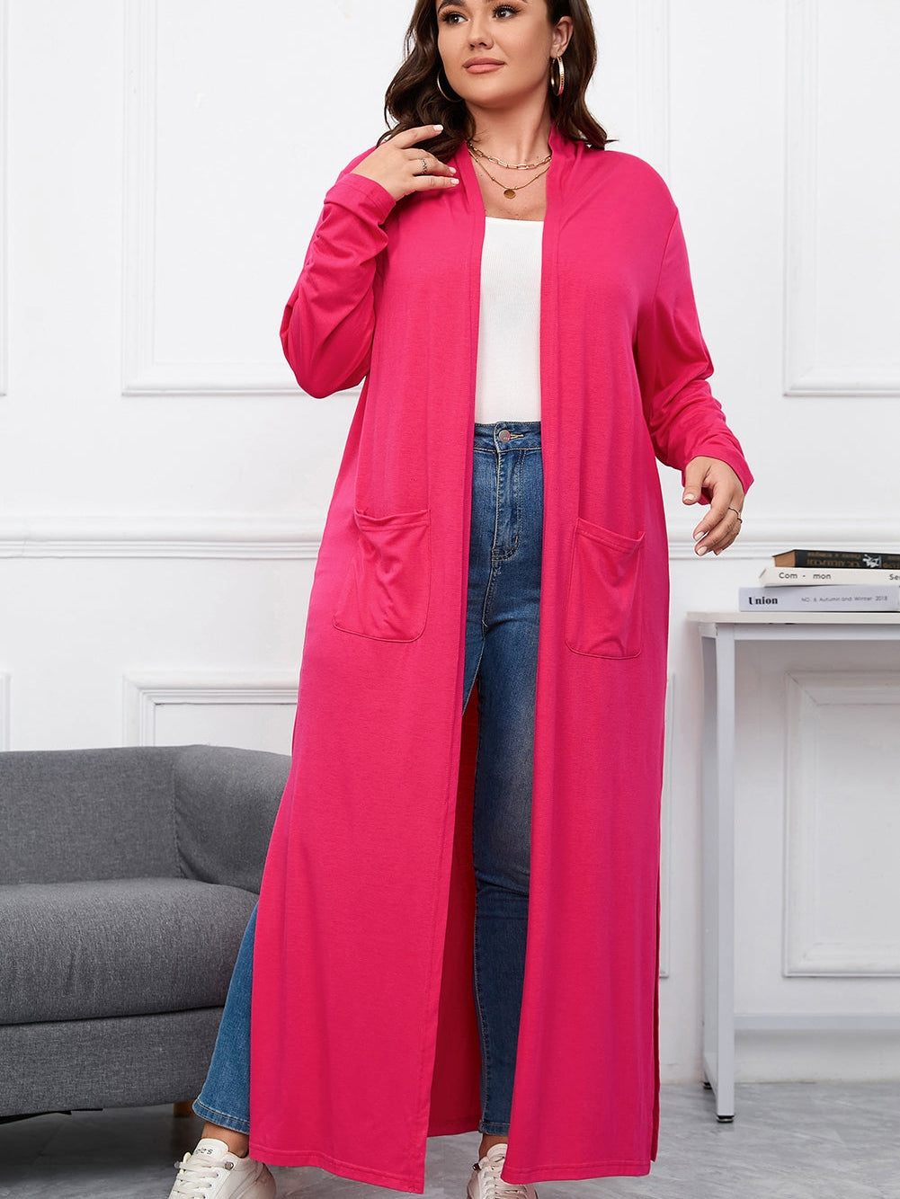 Strawberry Pink Plus Size Side Split Pockets Duster Cardigan