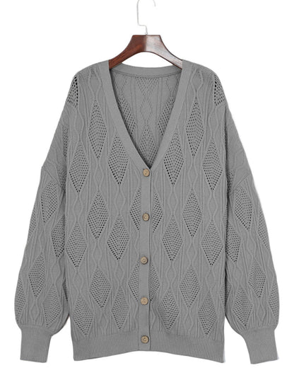 Cozy Gray Hollow Knit Plus Size Button-Up Cardigan