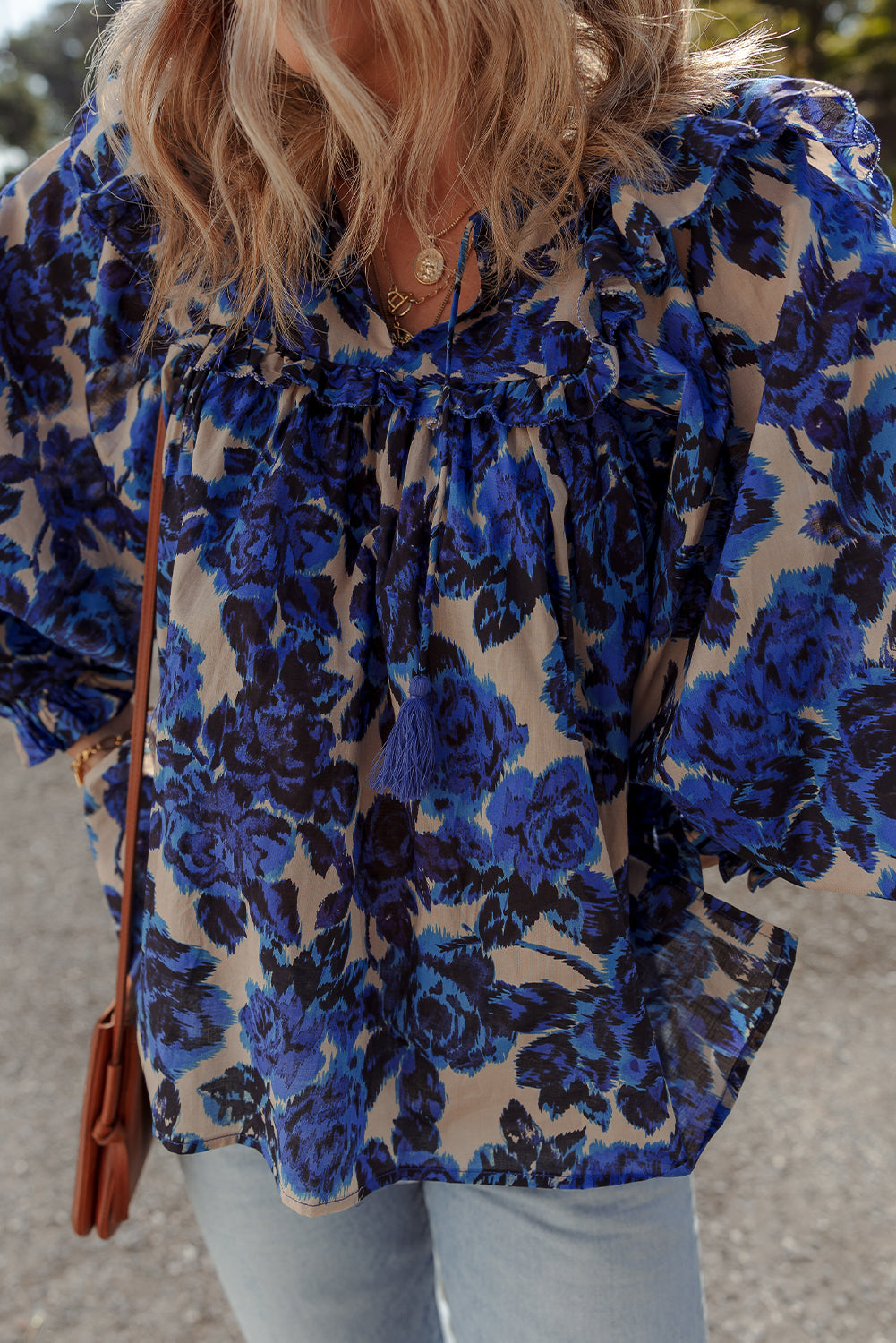 Blue Floral Print Tassel Tie Neck Ruffle Trim Long Puff Sleeve Blouse