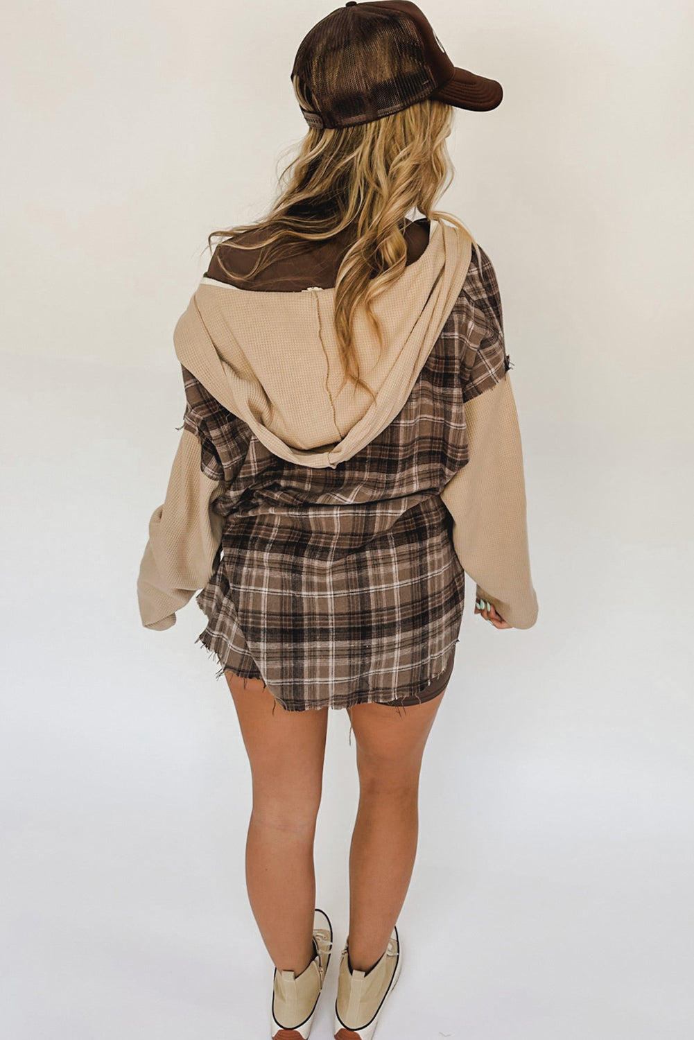 Khaki Plaid Patch Hooded Frayed Shacket