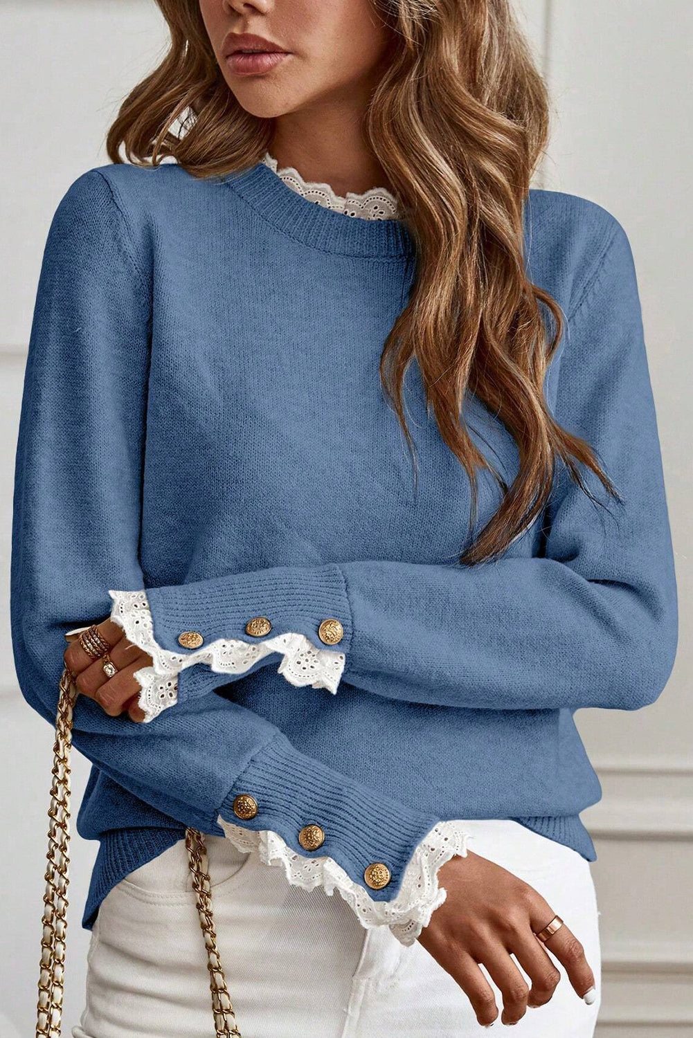 Dusk Blue Lace Trim Patchwork Buttoned Cuffs Loose Sweater