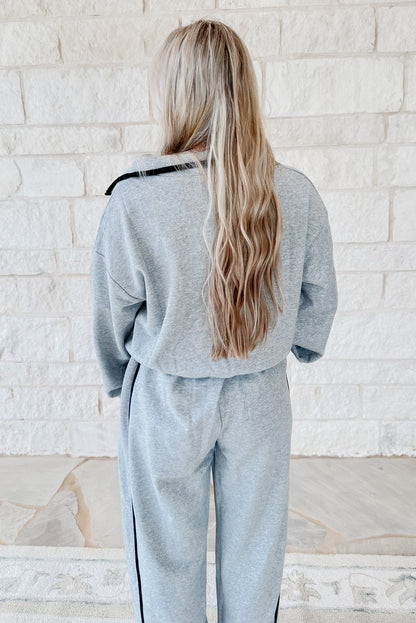 Light Grey Zipped Polo Collar Pullover & Contrast Piping Drawstring Sweatpants Set