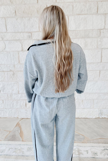 Light Grey Zipped Polo Collar Pullover & Contrast Piping Drawstring Sweatpants Set