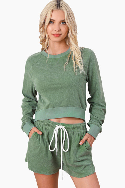 Green Cropped Fleece Lounge Set with Pullover Top and Shorts