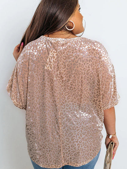 Plus Size Khaki Leopard Print V-Neck T-shirt