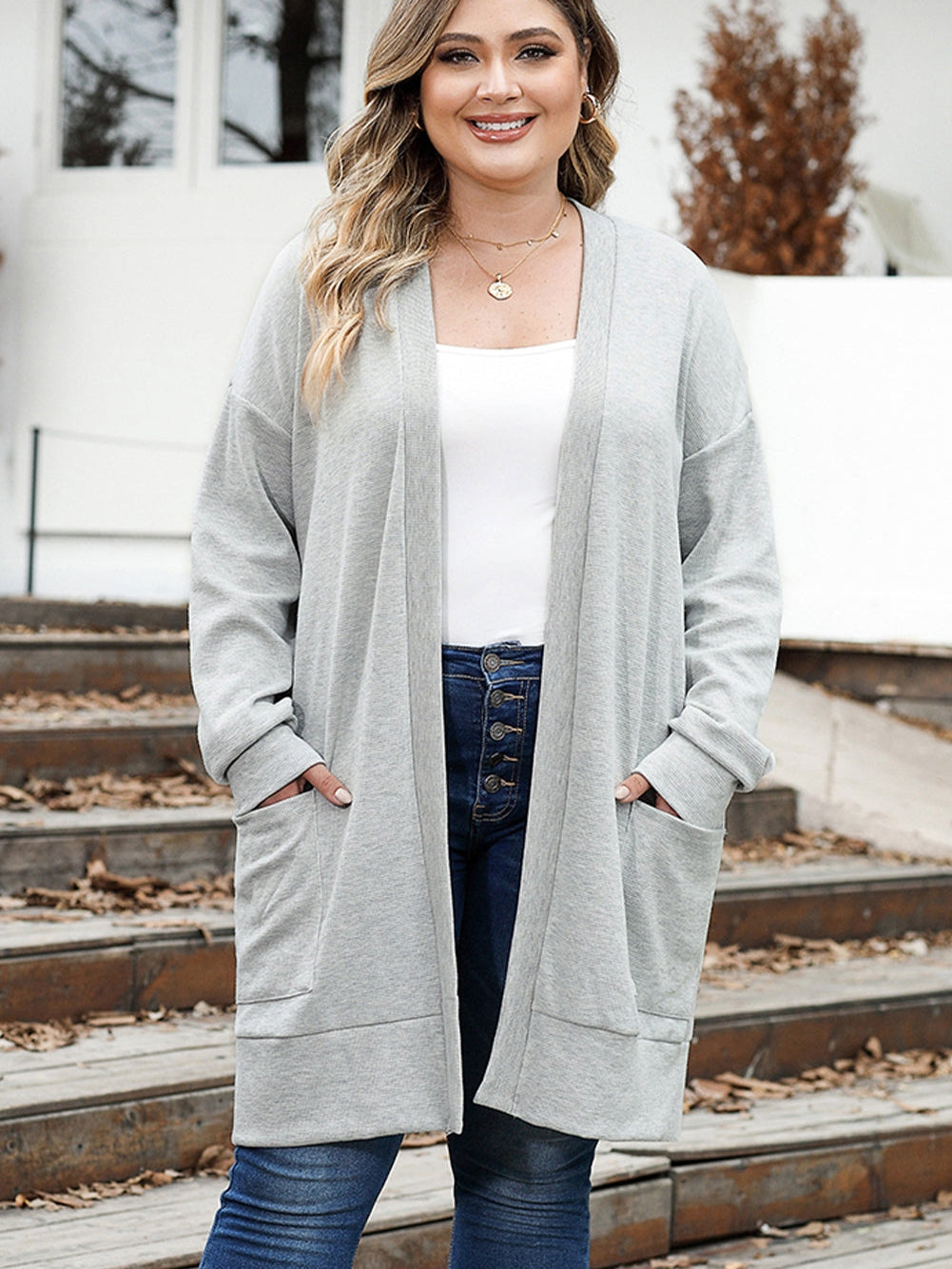 Thermal Knit Pocketed Plus Size Cardigan