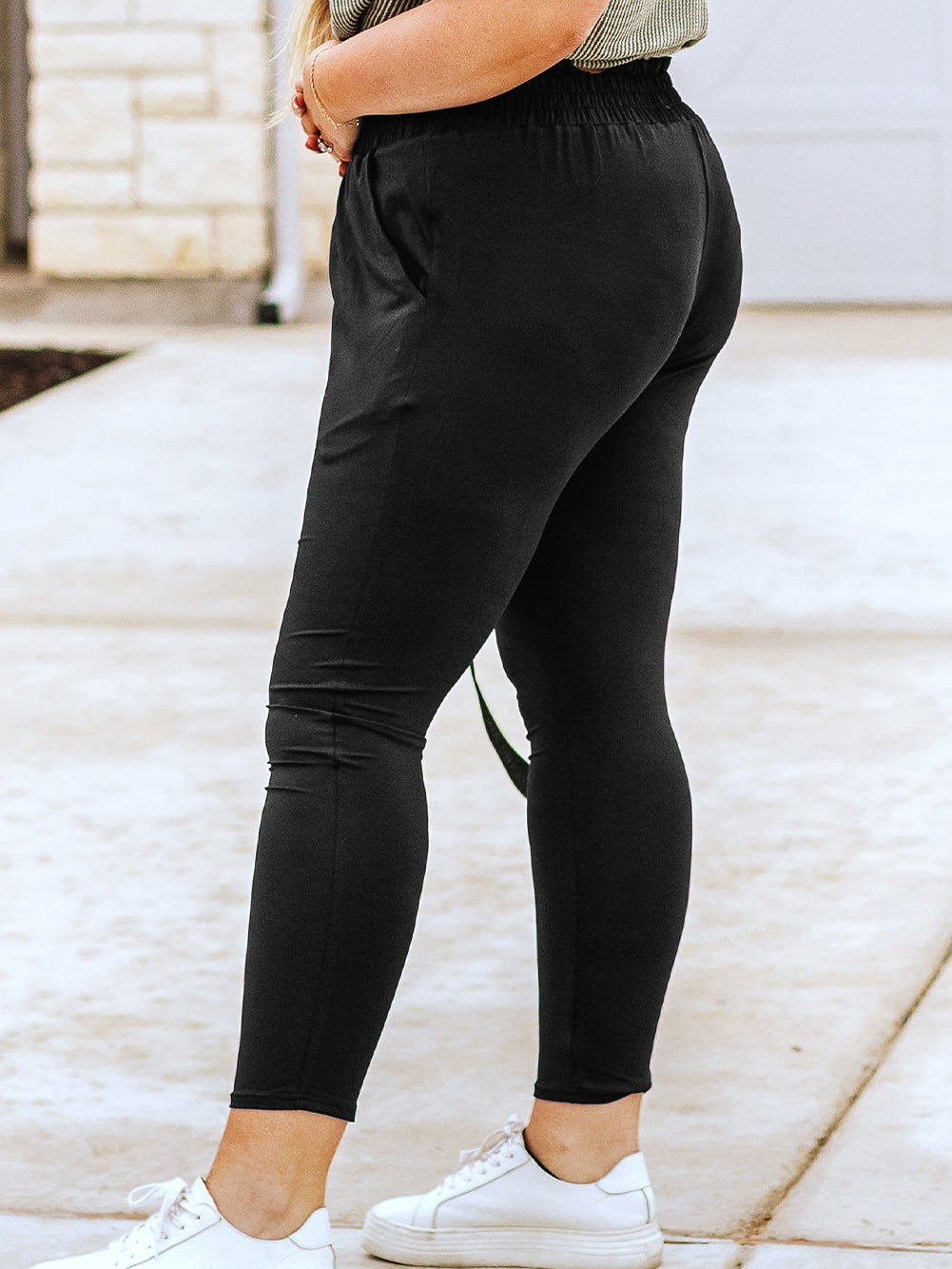 Elegant Black Plus Size High Waist Frilled Soft Pants with Pockets