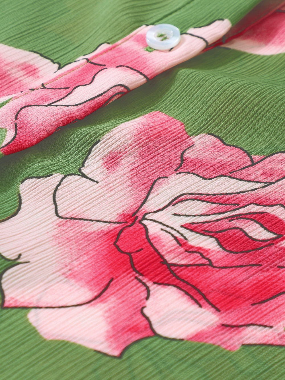 Green Botanical Blossom Pleated Accent Balloon Sleeve Blouse