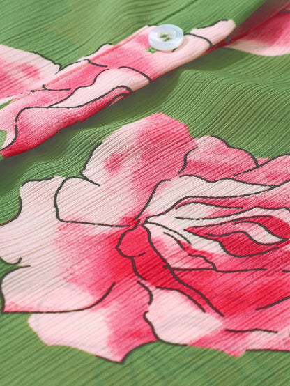 Green Botanical Blossom Pleated Accent Balloon Sleeve Blouse