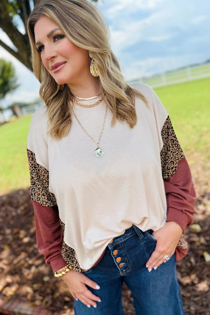 Red Sandalwood Color Block Leopard Patchwork Long Sleeve Loose Top