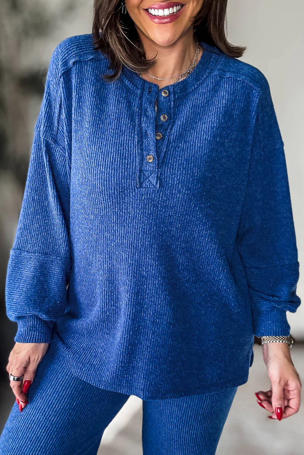 Sky Blue Brushed Ribbed Knit Exposed Seam Drop Shoulder Henley Top