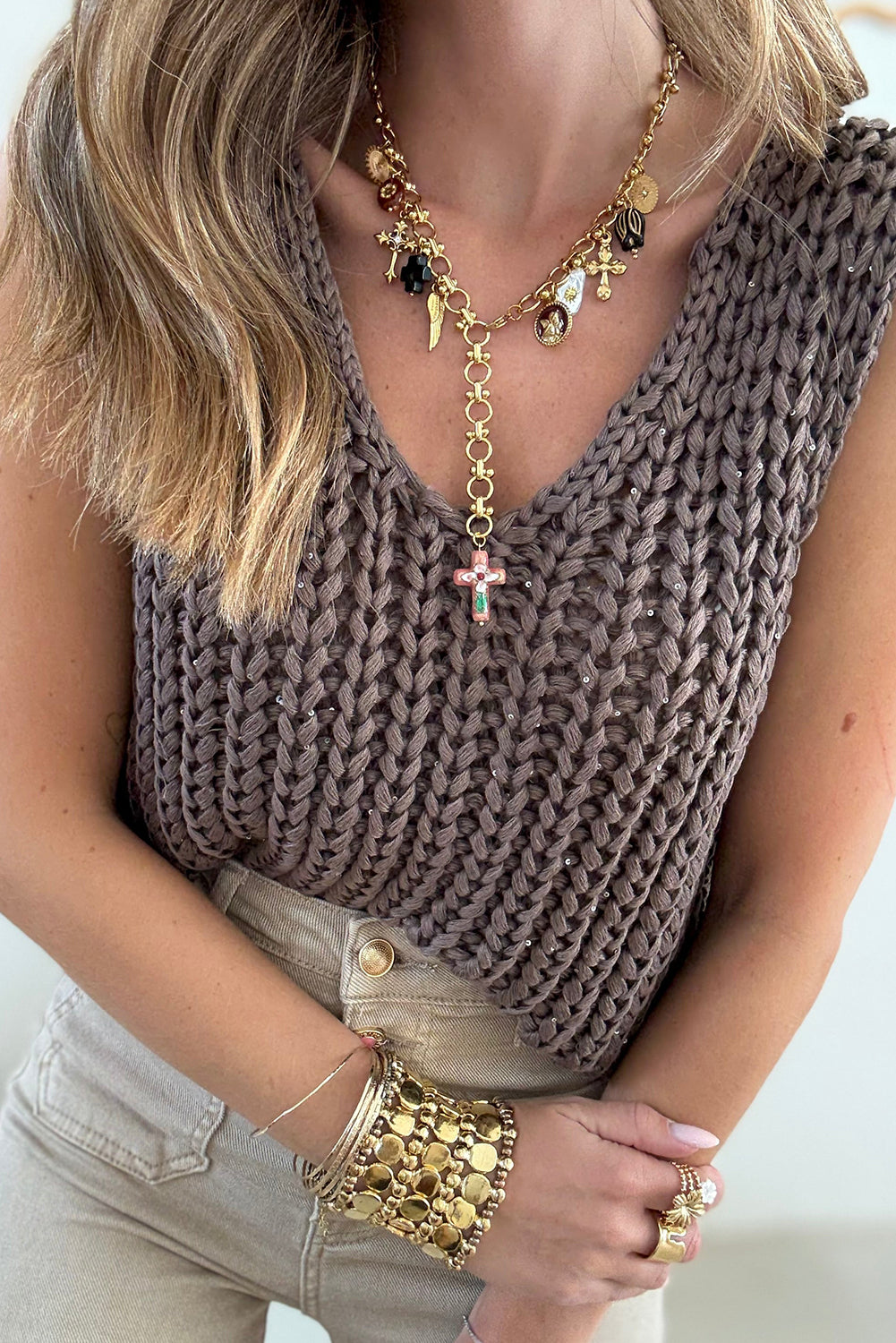Beige Chunky Cable Knit Tiny Sequin Detail V Neck Sweater Vest