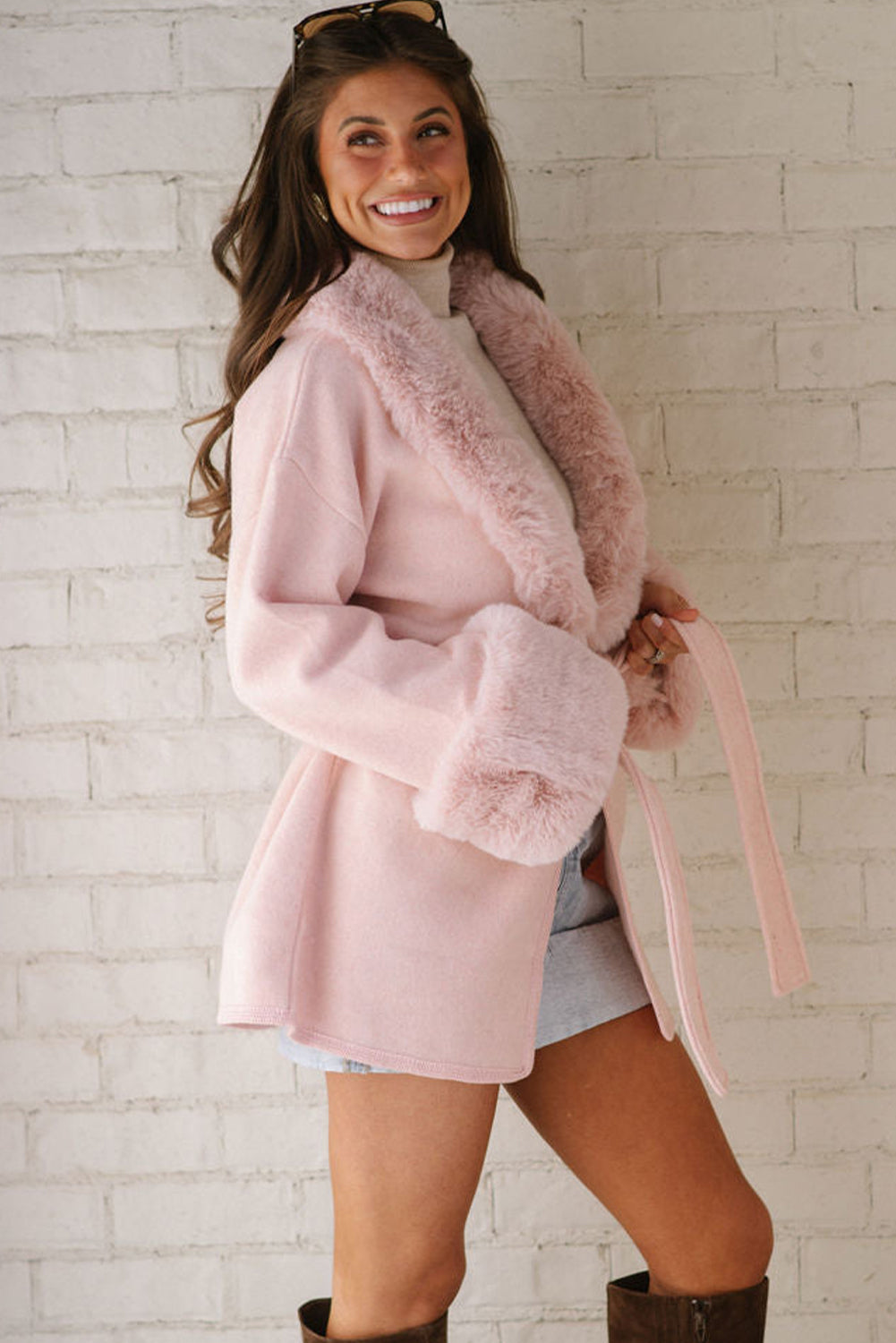 Delicacy Plus Collar Cuff Patchwork Open Front Belted Overcoat